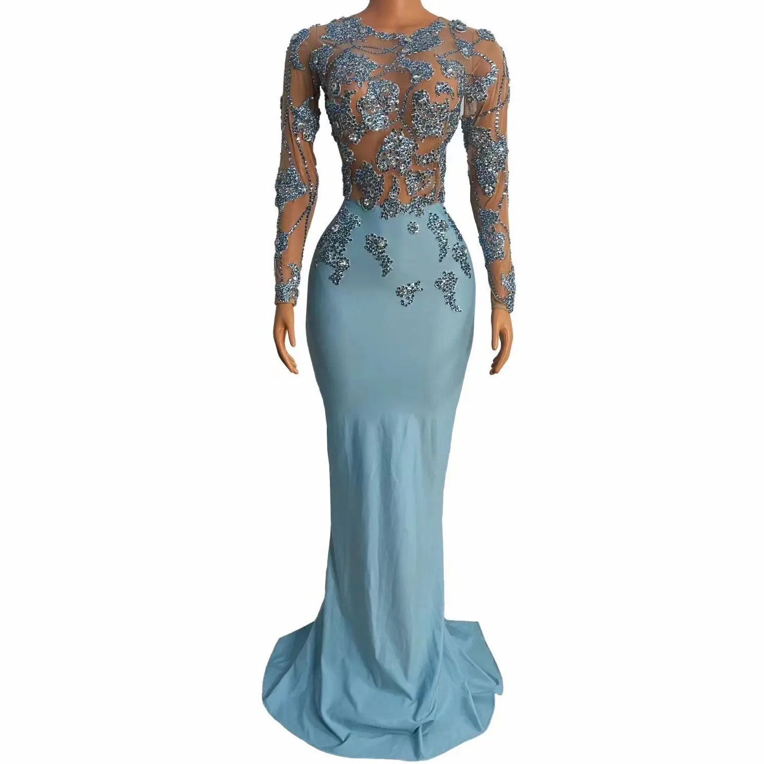 Nouvelles femmes robe d'été Newew Style bleu brillant diamants queue robe de soirée robe élégante robes de mariée pour le dîner