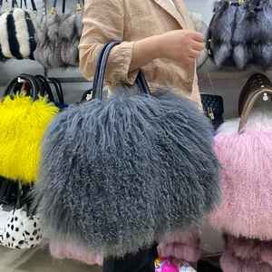 MWfurモンゴルラムハンドバッグ韓国風ファッションカーリーロングヘアファーリートートバッグラムファーバッグ女性用