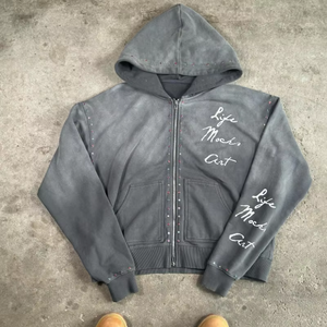 <span class=keywords><strong>2025</strong></span> tam <span class=keywords><strong>Zip</strong></span> up gri serigrafi damla omuz güneş soluk sıkıntılı asit yıkanmış ağır suni elmaslı yama Hoodies