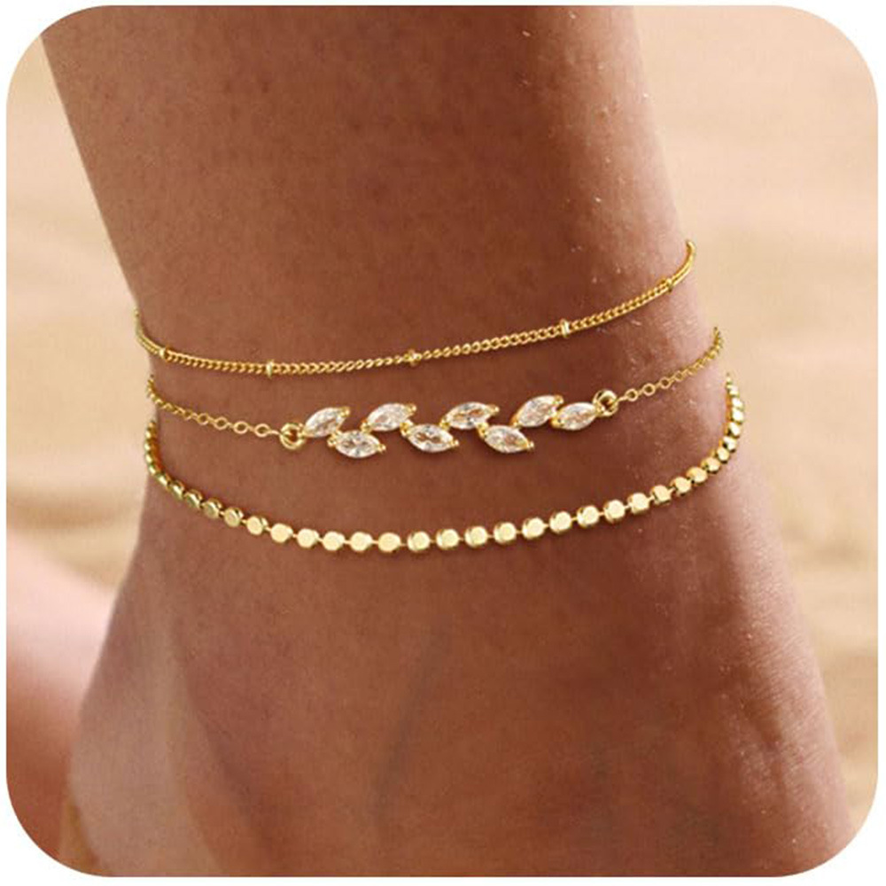 Bracelet de cheville en zircon feuille d'or