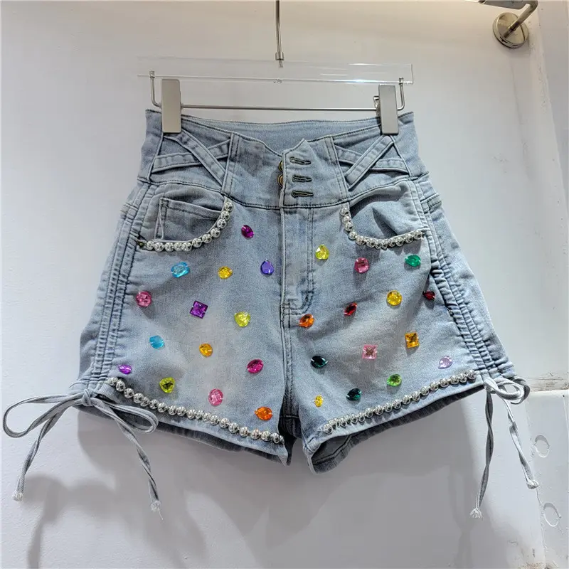 Coloré cristal Denim butin Shorts Sexy vêtements d'été femmes taille haute mignon bavures jean Shorts poches minces décontracté jean court