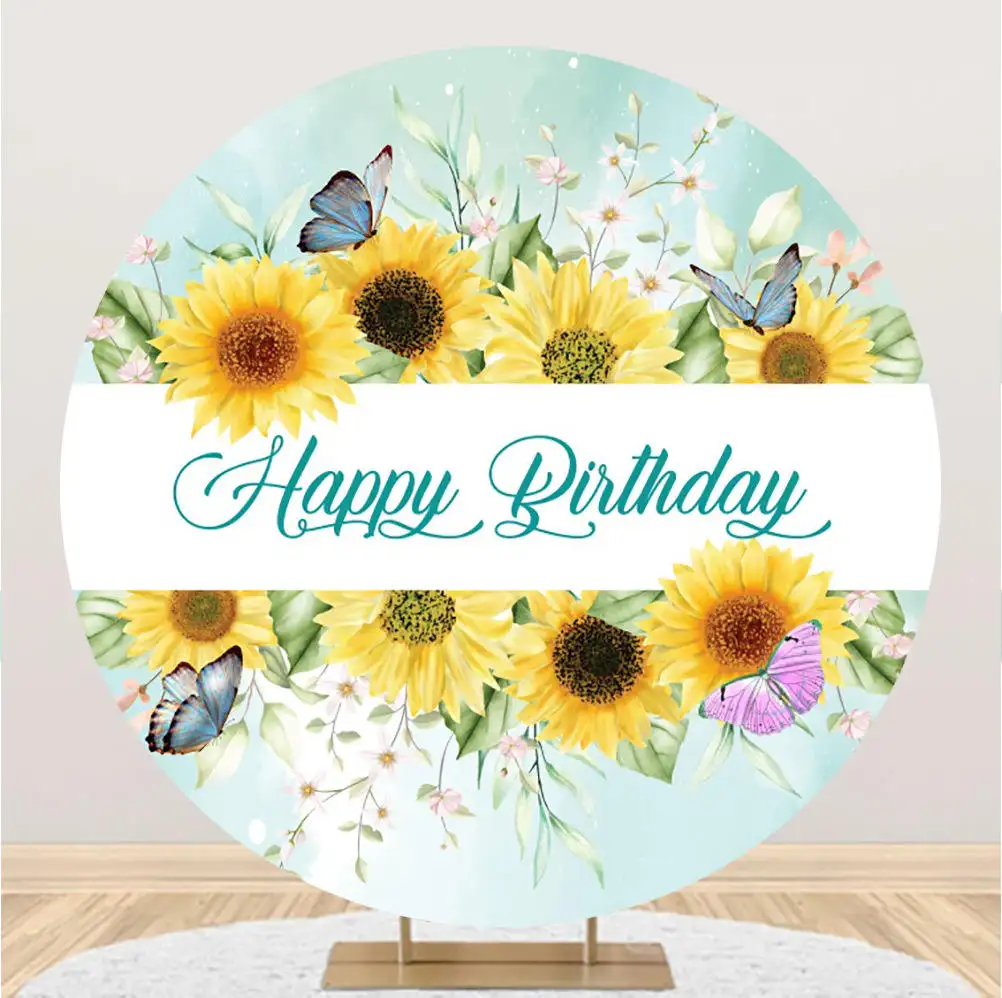 Dream Girl Happy Birthday Backdrop Sunflower Round Photography Picture Background Polyester Newborn Party Decoration-3x3ft SP211
