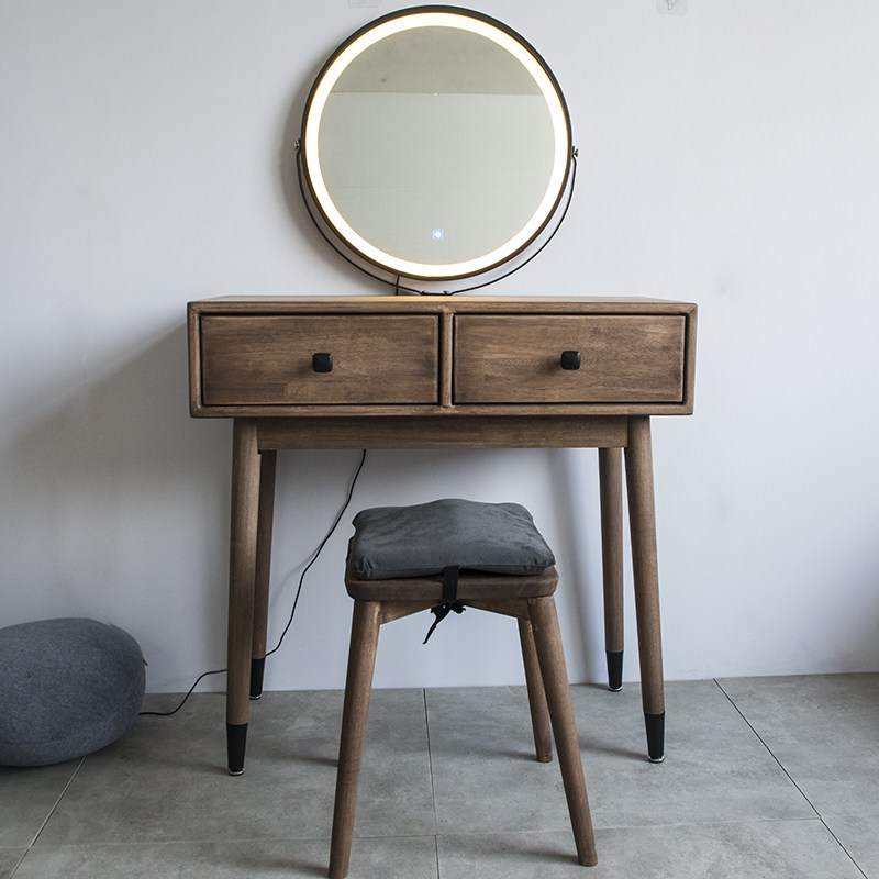 Miroir LED à deux tiroirs en bois massif + tabouret carré 30 cm - Noyer noir