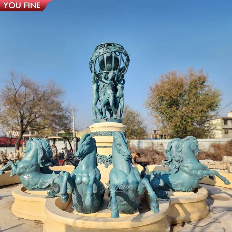 Fuente de agua de estatua de bronce de jardín con figura y caballos