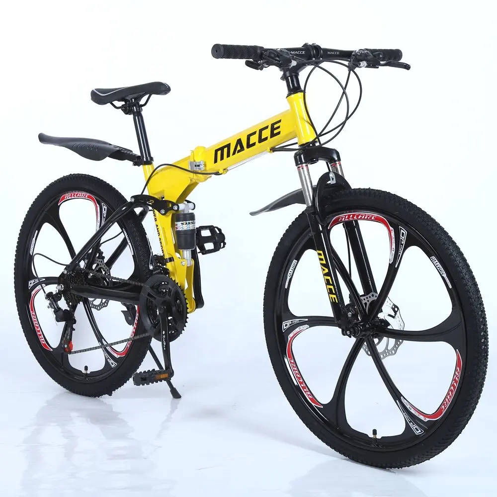 Bicicleta de montanha dobrável macce, suspensão dupla, estilo esportivo, oem, ciclismo personalizado, aço de alto carbono, 26 polegadas