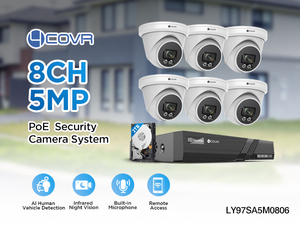 4COVR 6Pcs 5MP Revolver PoE Kamera NVR Kits AI Mobile App CCTV-Sicherheits system 2,8mm Eingebautes Mikrofon Audio 30m LED Array Nachtsicht