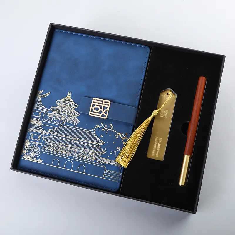 Kustom set hadiah gaya Cina set hadiah perusahaan promosi kulit mewah notebook pena kotak hadiah