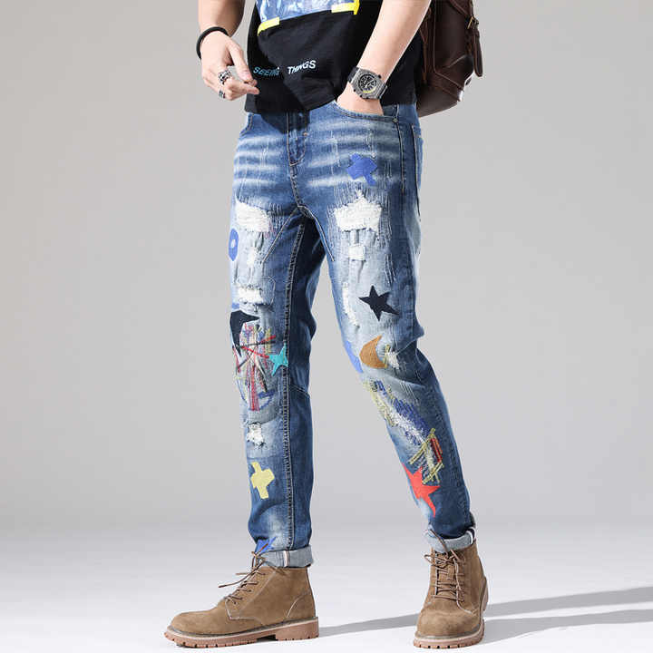 Grosir langsung dari pabrik Jeans longgar Hip Hop populer baru Jeans edisi bordir sobek populer baru