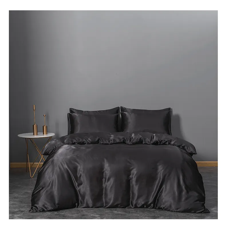 Luxury Premium Summer Hotel Black Solid Colour Pure Satin Silk Bedding Set