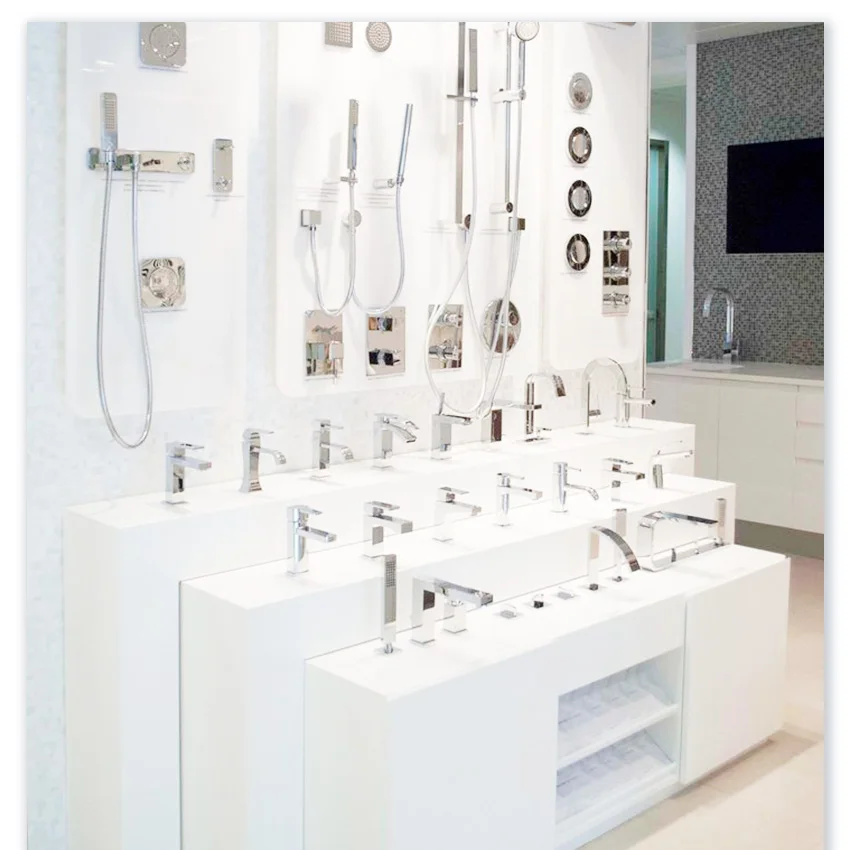 Modern Design Factory Custom Wooden Box Show Metal Sink Basin Sanitary Bathroom Faucet Display Stand Rack For Water Tap Showroom