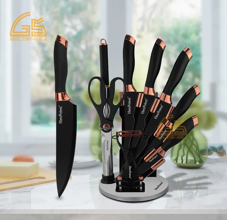 Toptan profesyonel siyah lüks paslanmaz çelik akrilik standı ile bıçak blok seti mutfak bıçakları set