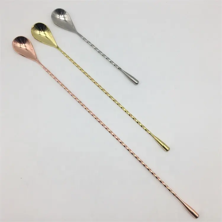Gold Copper Mạ Màu Thép Không Gỉ Bar Công Cụ Cocktail Uống KHUẤY TRỘN Xoắn Swizzle Stick Spoon & Trident Fork