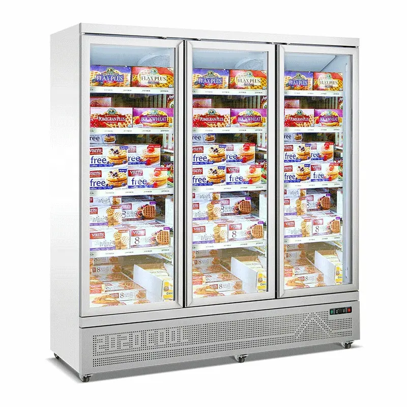 -22 grados congelador profundo helados congeladores ventilador refrigeración 3 puertas de vidrio carne congelada pantalla