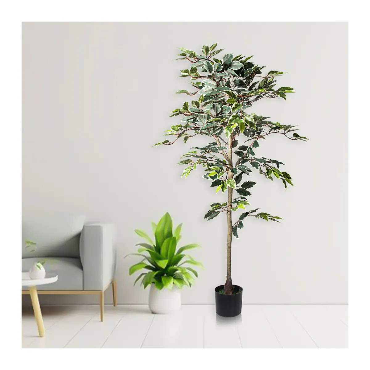 7835 New Style Silk White Leaves e Nuraery Pot Realista Artificial Tropical Ficus Árvore para Decoração do jardim ao ar livre