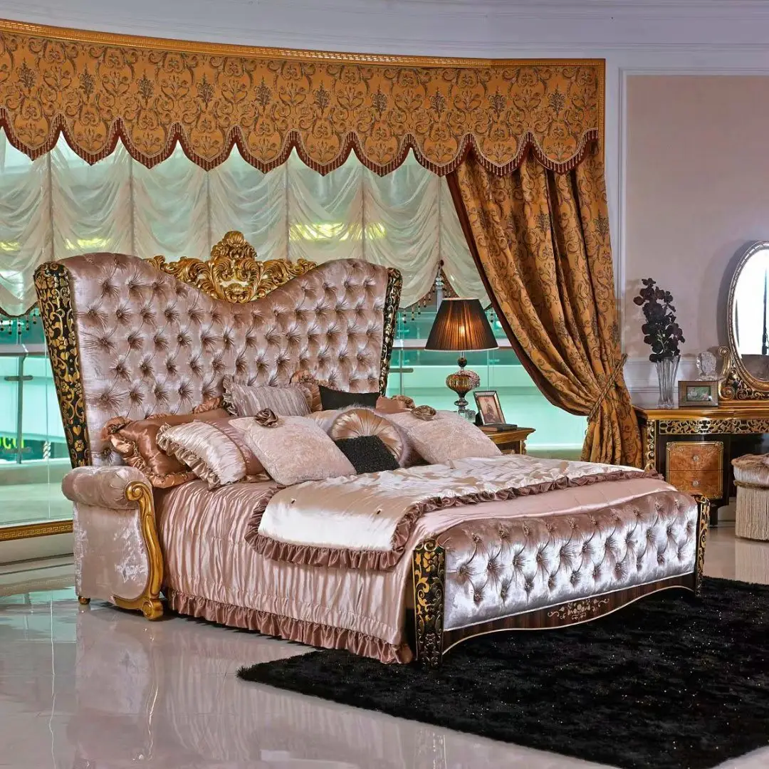 Набор классической мебели в итальянском стиле, Роскошная антикварная деревянная кровать большого размера, тумба для спальни
