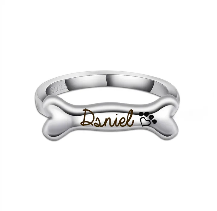 De lujo de Plata de Ley 925 hueso de perro en forma de nombre grabado de compromiso de boda, anillos de promesa para hombres y mujeres