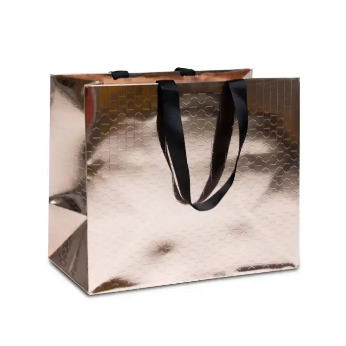 Sacchetti della spesa di carta metallica stampati Logo personalizzato di lusso con sacchetto di imballaggio regalo di abbigliamento con manico a nastro