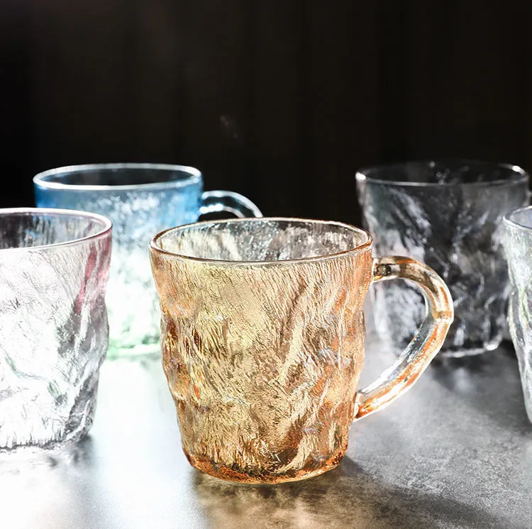 Vidrio estampado glaciar de fábrica Ins con tapa, mango de cuchara, taza para beber, taza de té para el hogar
