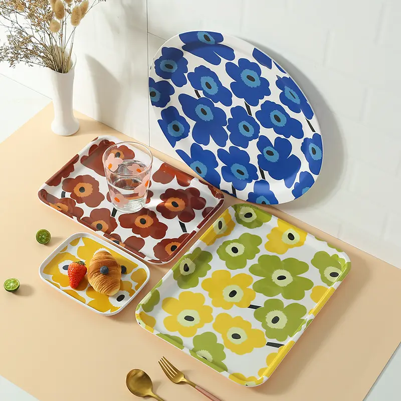 Factory Custom Restaurant Wedding Sushi Dessert Serving Trays Dishes Rectangular Round Flower Print Unbreakable Melamine Plate