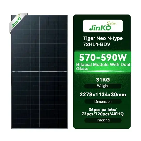 Venta caliente JinKO Neo 580 W N-type Half Cell Bifacial Dual Glass PV Module Paneles solares Cable largo N Tipo 580 Watts Panel solar 580 W