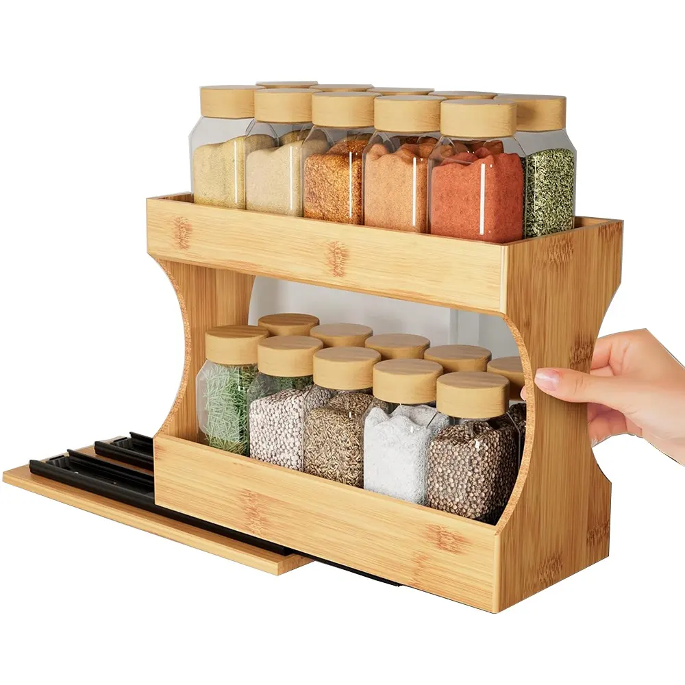 Bamboo Spice rack Tool-Free Install Slide Out Vertical Seasoning Spice Organizer