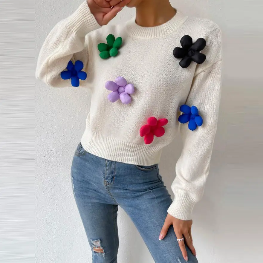 High quality fashion crew neck white hand embroidery sweater custom designer appliques jumper women sweaters 2022