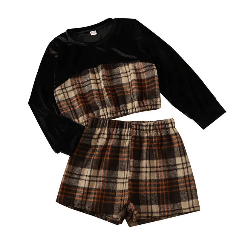 Conjunto de ropa a cuadros para niños y niñas, jersey de empalme de terciopelo negro, pantalones cortos, traje de invierno, gran oferta