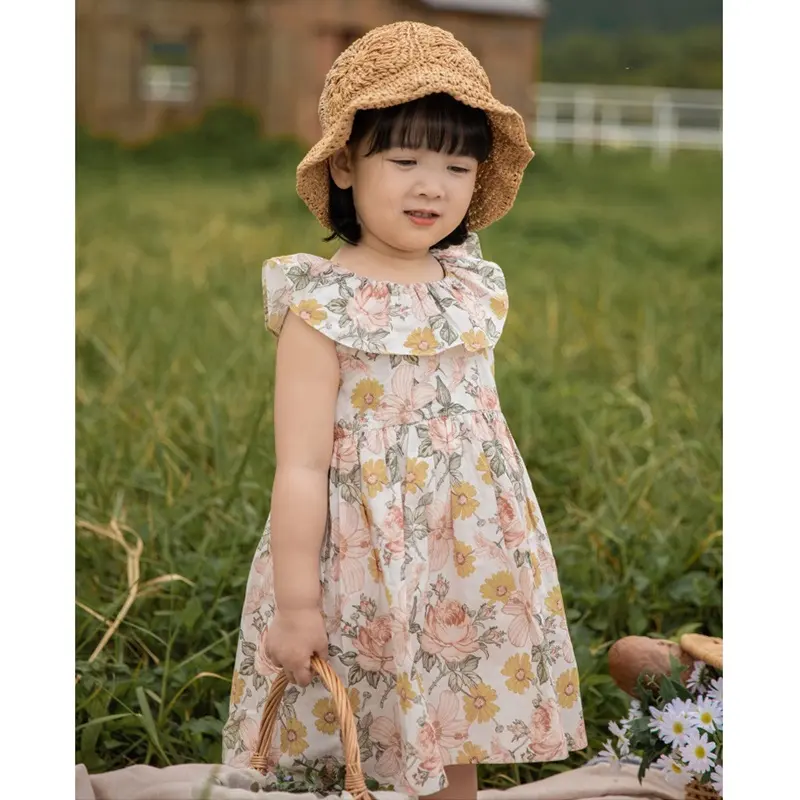 Vestido Floral de verano para niñas, 2023 algodón con volantes, Boutique, gran oferta, 100%