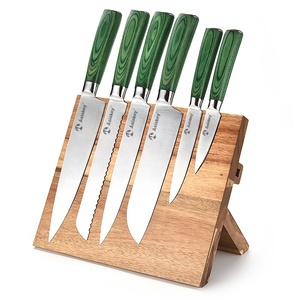 Asiakey ชุดมีดด้ามไม้ pakka สีเขียว7ชิ้นพร้อมที่วางบล็อกมีดแม่เหล็ก - Product Image 1