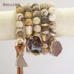 BM21910 Bohemian Jasper boncuklu bileklik <span class=keywords><strong>Druzy</strong></span> Charm bilezik CZ kaplamalı boncuk deri püskül bilezik