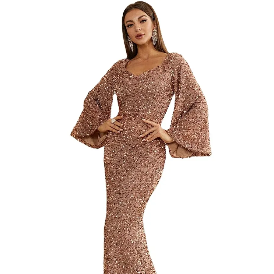 Gaun pesta elegan fashion kostum penampilan baru gaun jaring tembus pandang berlian imitasi warna solid warna polos lengan panjang