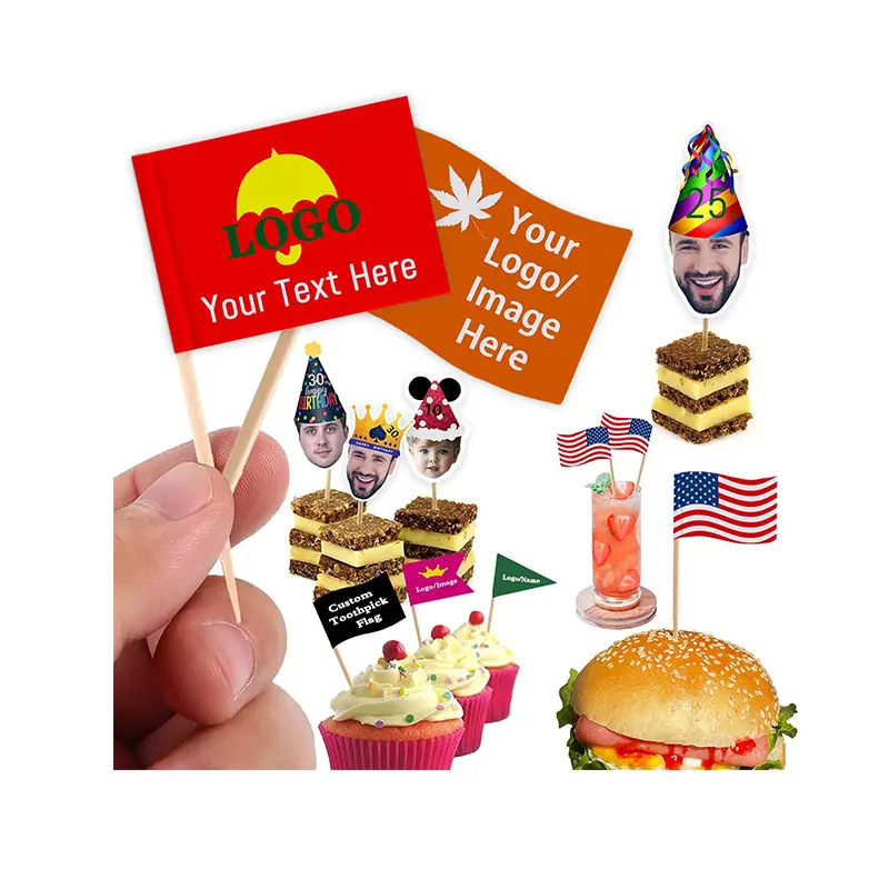 Hamburger totoppers parti dekorasyon gıda etiketleme Logo Cupcake Toppers bayrakları ile özel kürdan bayrakları