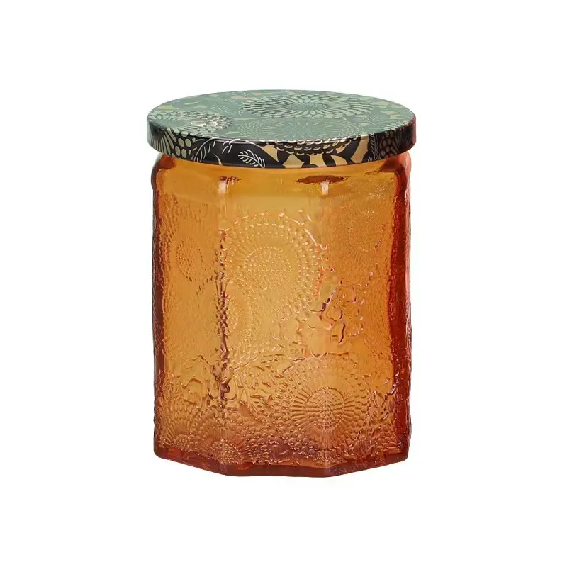 Fabrikant Hot Koop Vintage Achthoekige Amber Rood Paars Wit Kleurrijke Reliëf Glas Kaars Pot Met Deksels Voor Kaarsen Maken