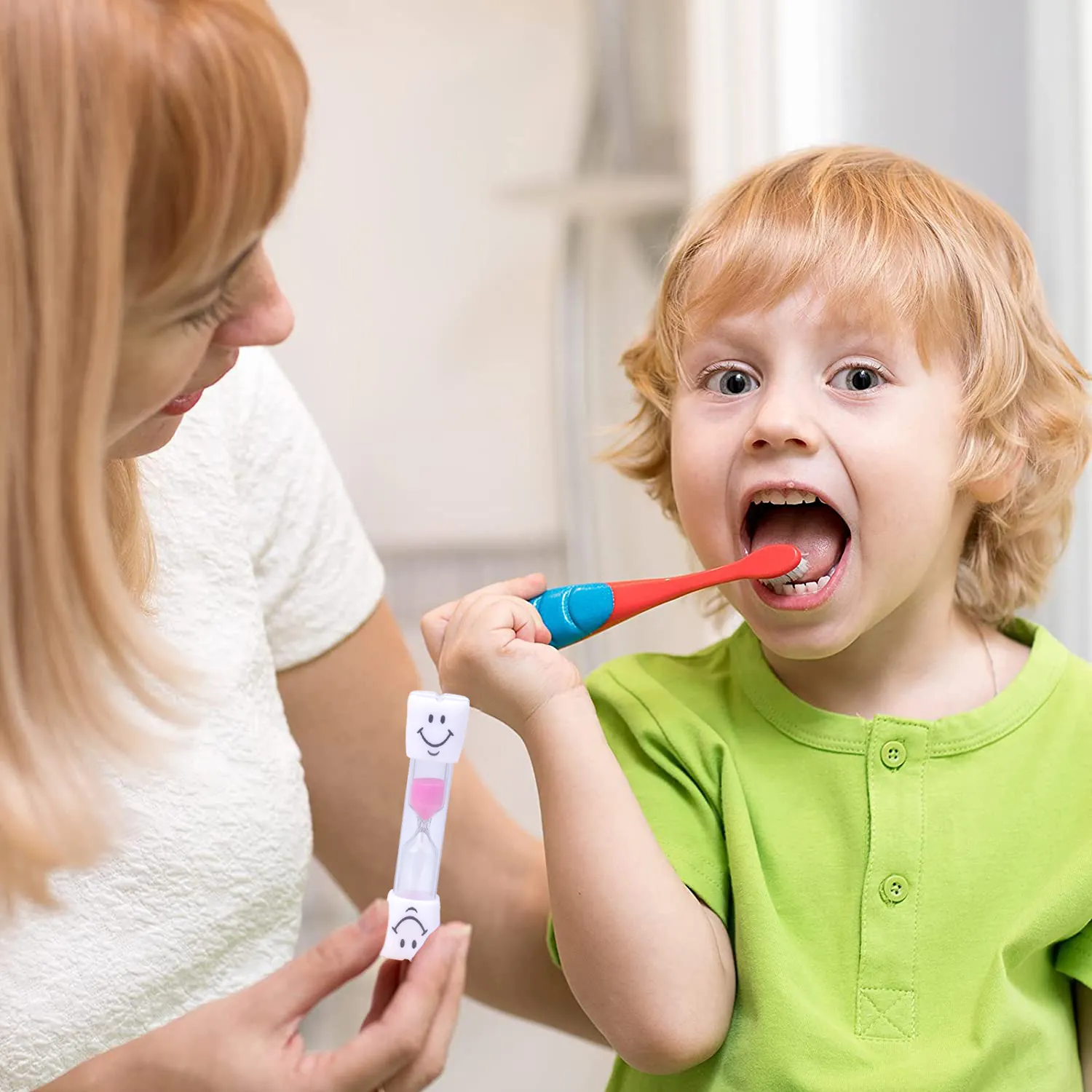 Reloj de arena de plástico para niños, cepillo de dientes con cara sonriente, temporizador