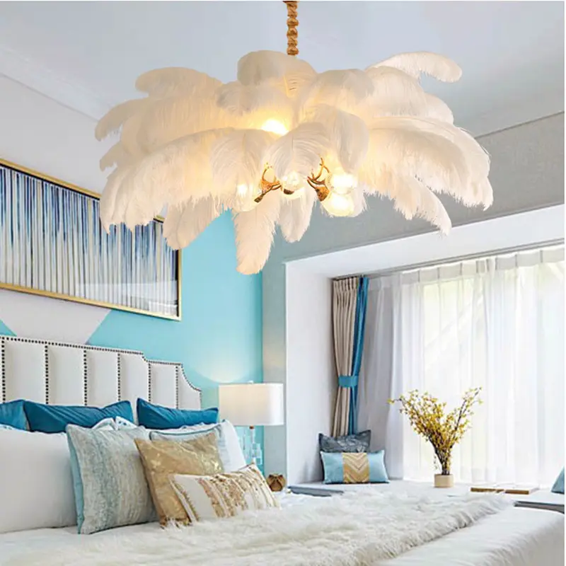 Modern Creative LED Pendant Lamp Decor for Home Dining Room Nordic White Feather Chandelier