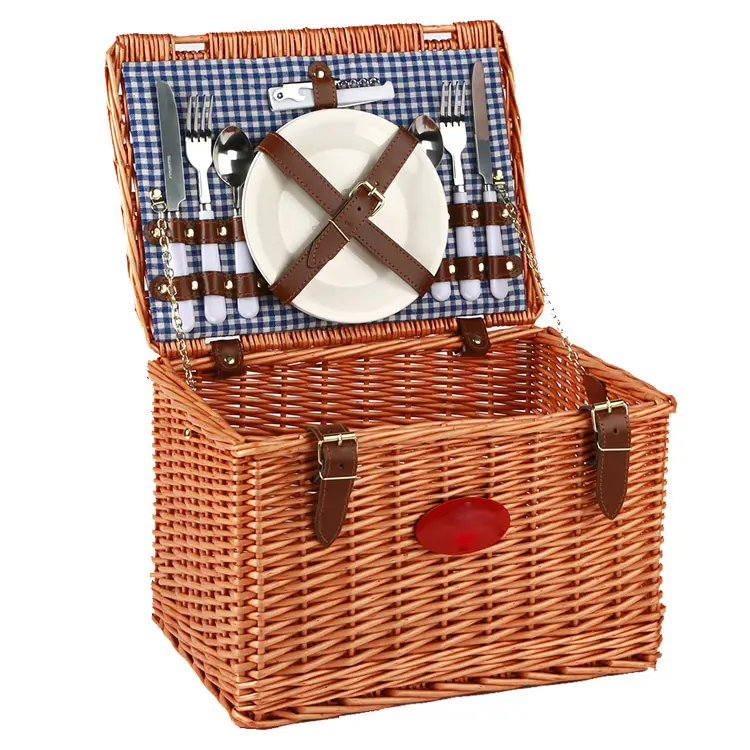 Picnic Basket for 2 Person, Durable Wicker Picnic Hamper Set, Willow Picnic Basket Accessories Plates and Utensils