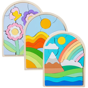 Wooden Toy Cartoon Cute Flower Rainbow <strong>Pattern</strong> Color <strong>Building</strong> <strong>Blocks</strong> Matching Toddler 3d Puzzle Board - Product Image 1
