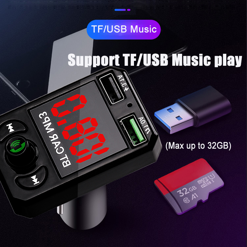 EONLINE In-auto Wireless FM Transmitter Large Screen LED display 3.1A Fast Charging TF U Disk Car Mp3 Player Handsfree Kit