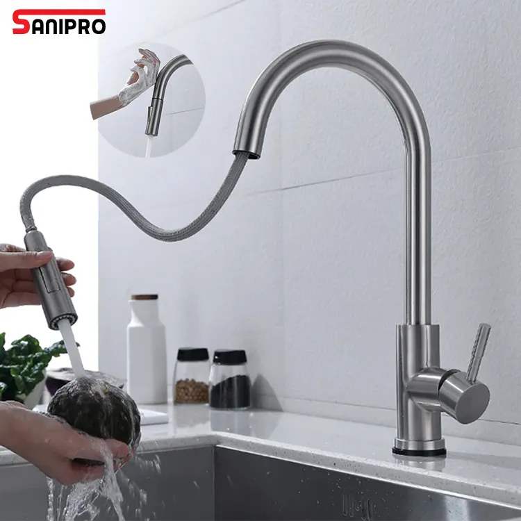 SANIPRO SS304 fregadero con Sensor automático mezclador de cocina grifo de agua rotación de 360 grados grifo Flexible sin contacto con rociador extraíble