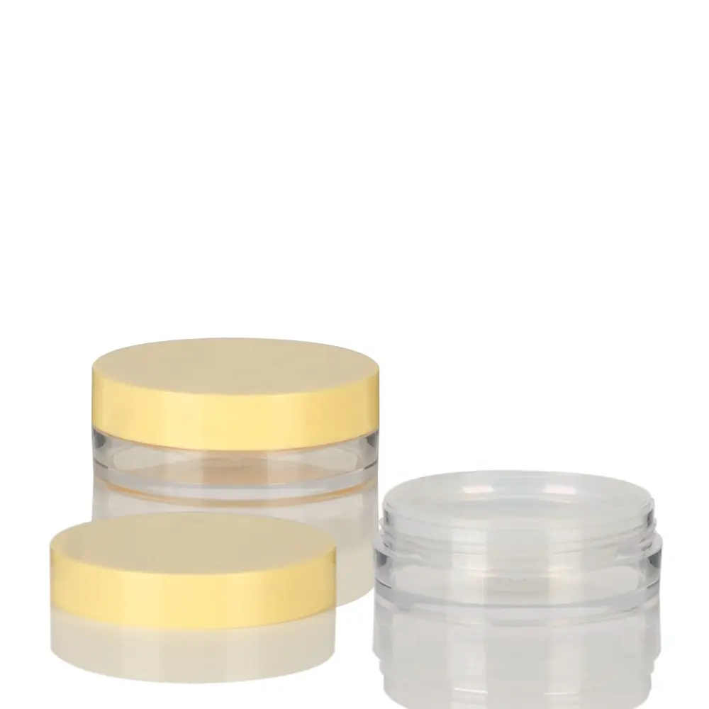 Transparante Plastic Clear Custom Logo Printing Container Verpakking Voor Ronde Compacte Losse Poeder Make-Up Case Met Geel Deksel
