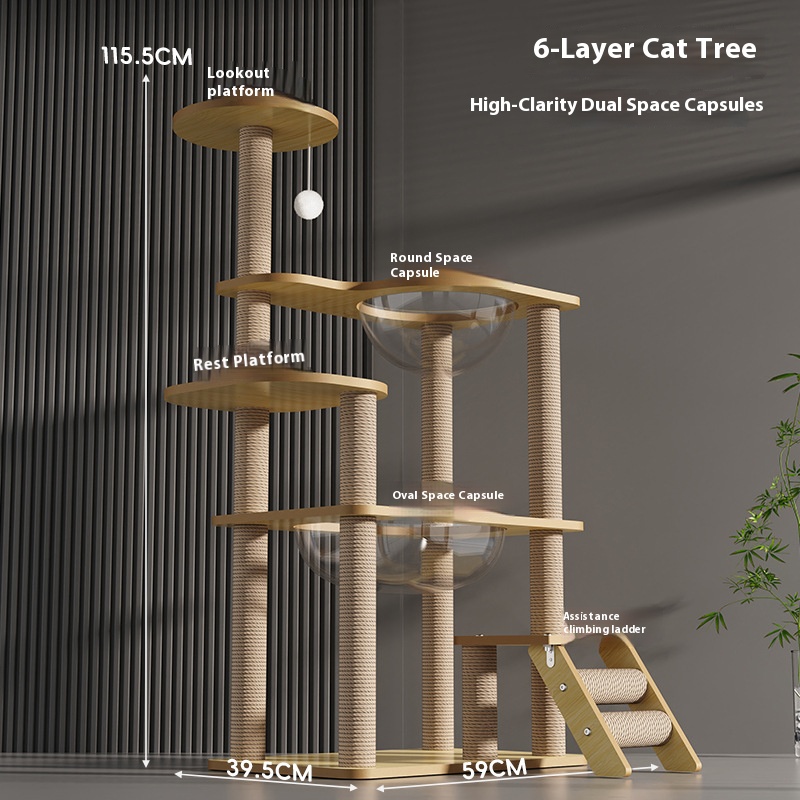 Arbre à chat à six niveaux avec lit pour chat en forme de capsule spatiale et plateforme de saut