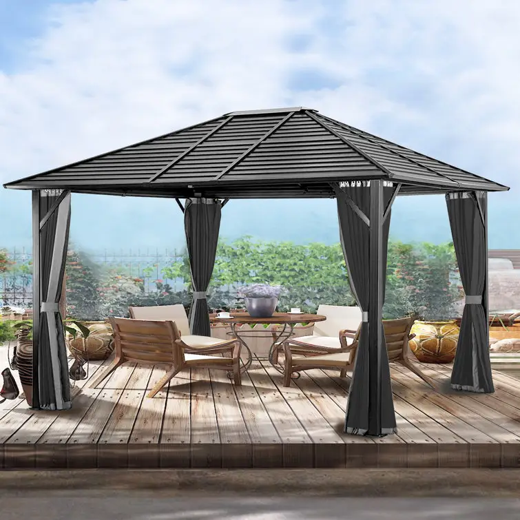 Metal veranda mobilya açık tek çatı gölgeliği alüminyum güneşlik bahçe Hardtop Gazebo perde ve sivrisinek ağı ile