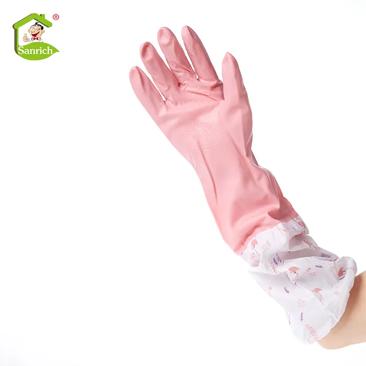 Длинные бытовые кухонные принадлежности, розовые резиновые латексные хлопковые перчатки для мытья посуды с подкладкой