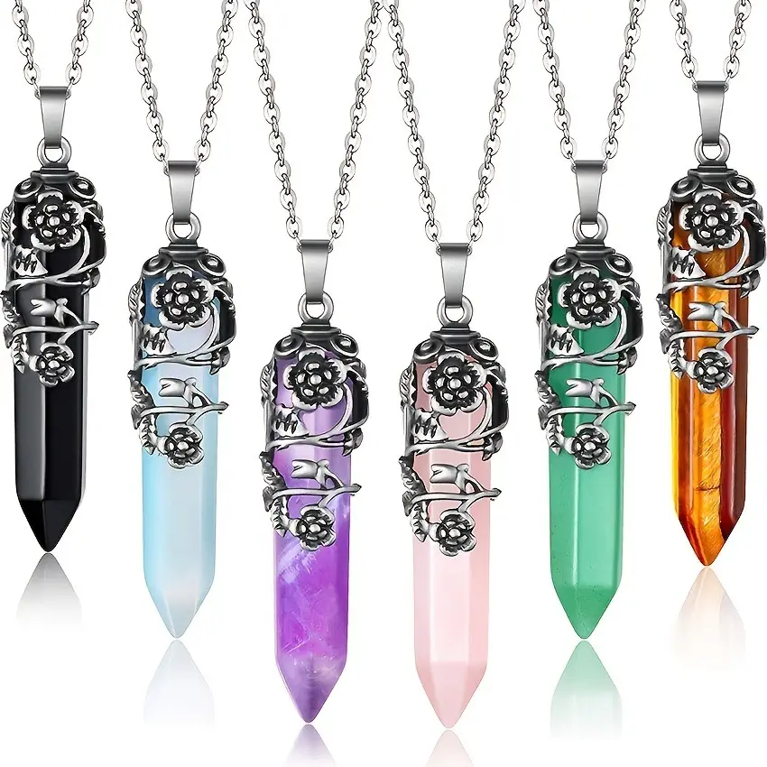 Chaîne en Acier Inoxydable Prisme Hexagonal Enveloppé Pointu Quartz Pendentif Guérison Naturel Cristal Pierre Collier