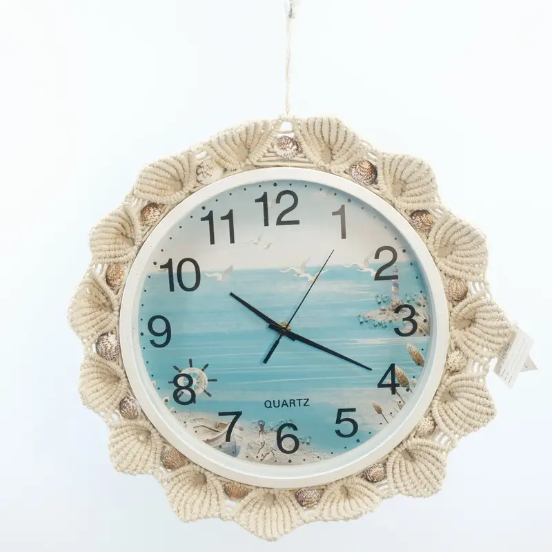 Reloj colgante de pared de macramé con diseño oceánico único, decoración interior para el hogar con concha de mar