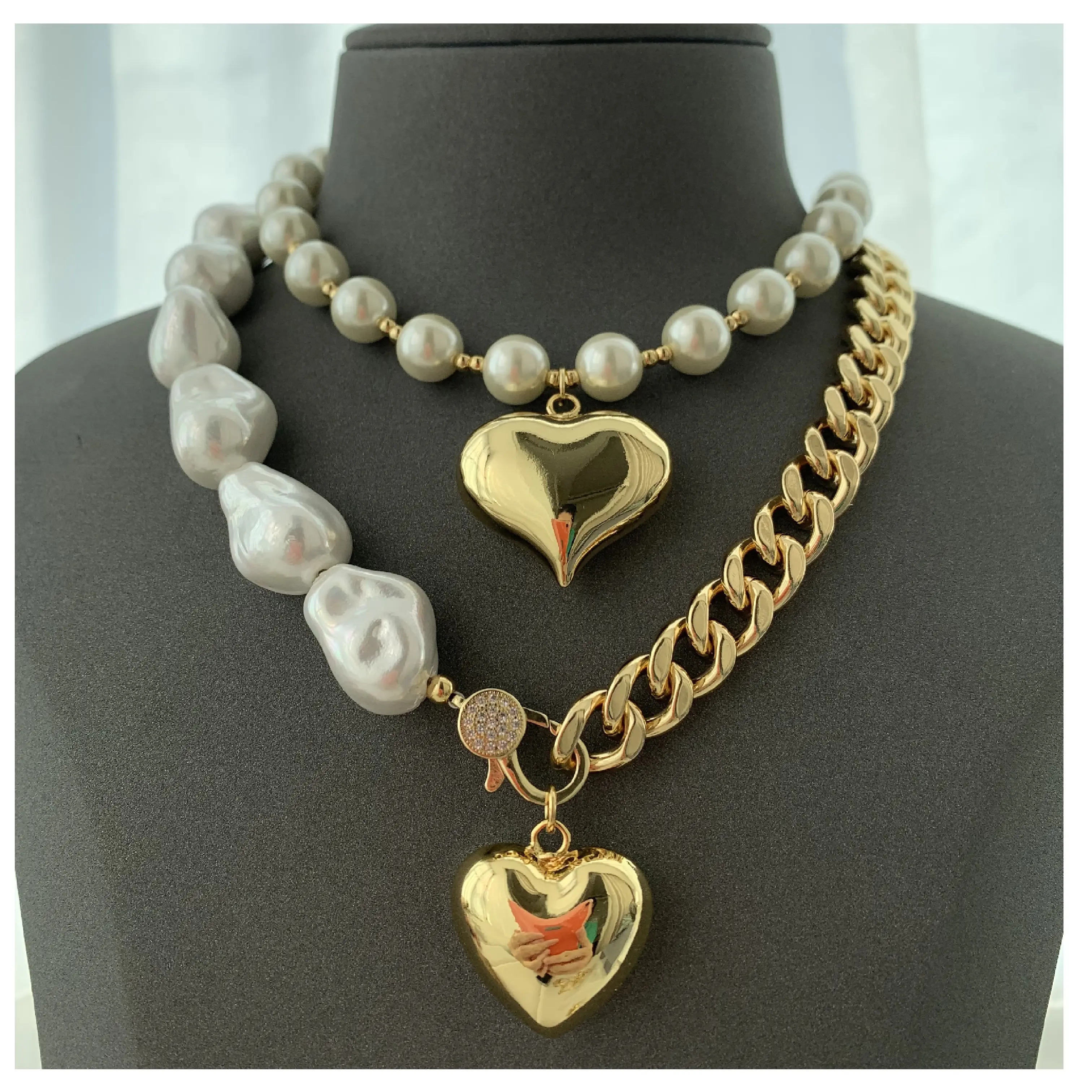 Collana a catena cubana in oro LS-B5224 collana di perle di qualità superiore in tinta unita con cuore grosso bellissimi gioielli da donna