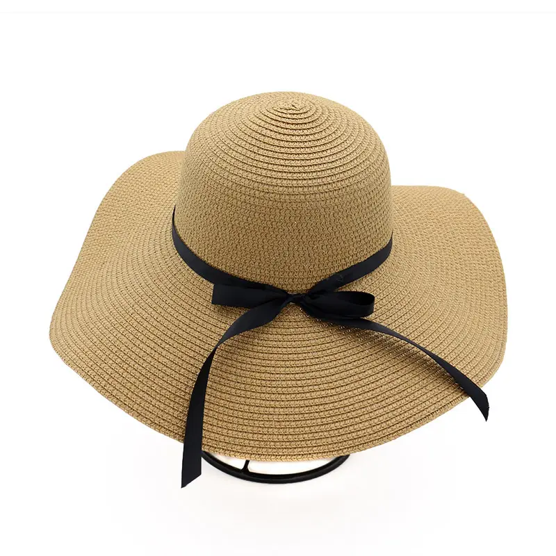 Robe d'été de plage UV pare-soleil à grand bord, chapeau souple avec nœud ruban, robe de voyage à l'extérieur, bon marché pour femmes, mode chapeaux de paille en papier