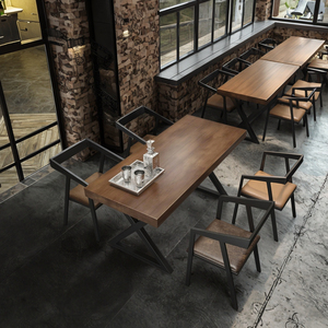 Bàn ăn gỗ hình chữ nhật rắn với phong cách công nghiệp Retro Bar BBQ cafe nhà ghế đặt sắt nghệ thuật nhà hàng đồ nội thất - Product Image 6