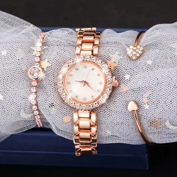 Женские наручные часы с браслетом и платьем, Роскошные Кварцевые часы цвета розового золота, 6058