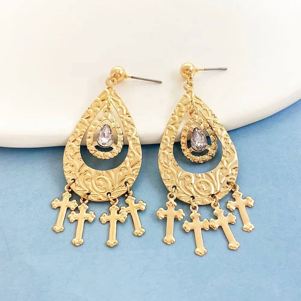 Pendientes chapados en oro con patrón Boho recto de fabricantes, pendientes de tuerca de cristal geométricos con gota de lágrima cruzada para mujer